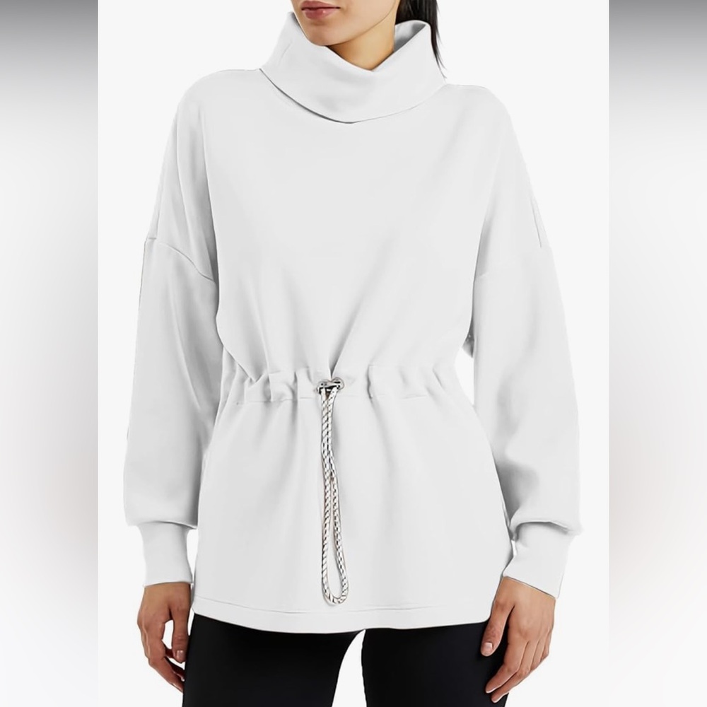White Turtleneck with Drawstring & Slits on Side